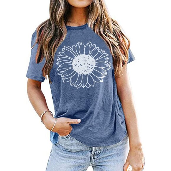 🆕Women Light Blue Cotton Sunshine Coffee Graphic T-Shirt Round Neck Casual Tee - Picture 2 of 4